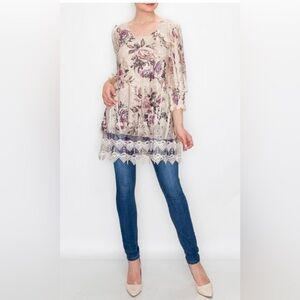 Floral Lace Tunic with Cream and Pink Accents